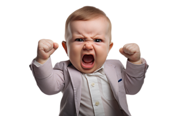 Baby hold up his fist determined to work hard! funny shot in png transparent background