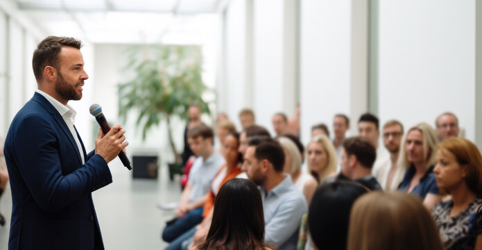 Side view of public speaker giving talk in front of public. People blurred in background	