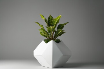 Concrete pot. Green succulent plant in modern geometric concrete planter isolated on dark. AI Generated