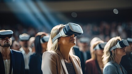 Vr experience senior business manager woman attend meeting wearing vr virtual goggle glasses standing in autitorium convention hall with crowd of business people background,ai generate