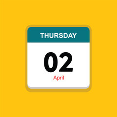 april 02 thursday icon with yellow background, calender icon