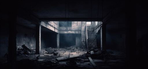 Inside a dark and dim abandoned house or small building. Dark and dim remains or ruins of a concrete and brick architecture, after some burning or explosion.  abstract background. Generative AI