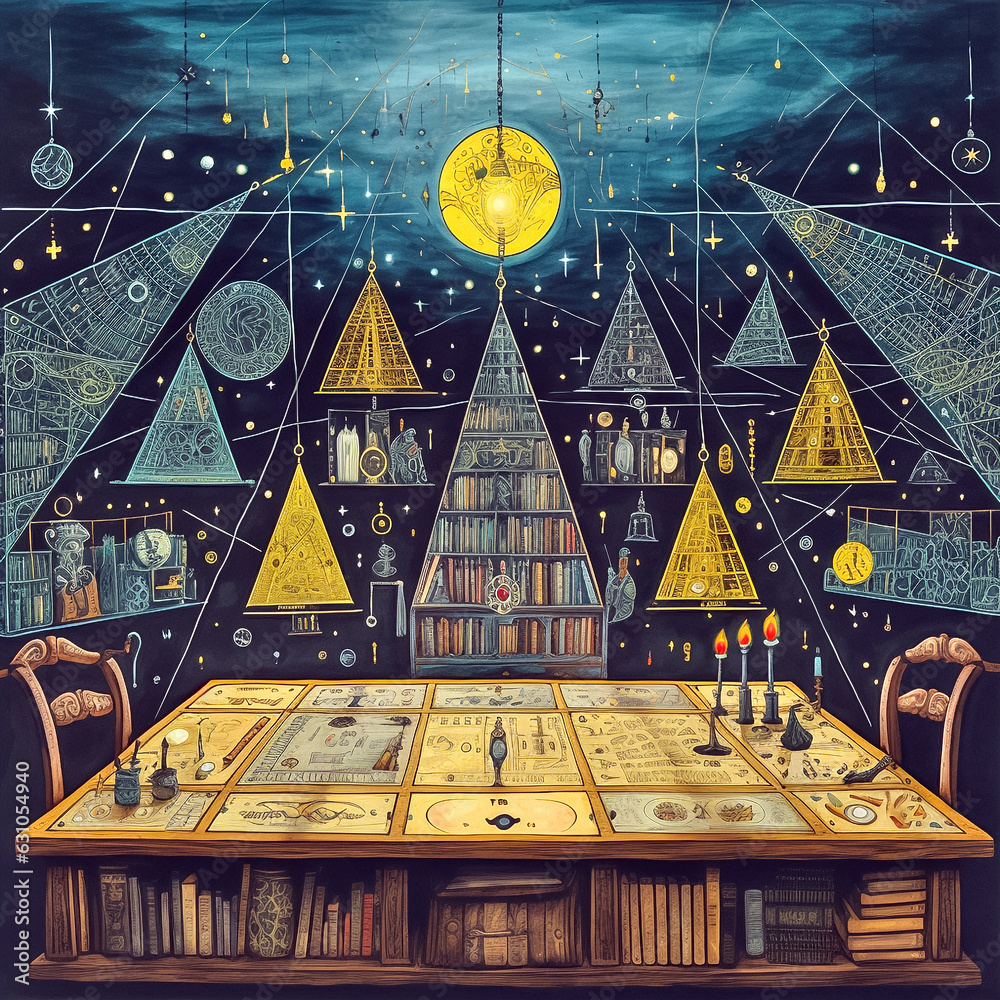 Wall mural Whimsical illustration with mystical esoteric symbols. Table of prophecy. Generative AI