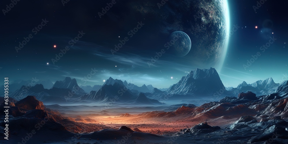 Wall mural fantastic view of the space landscape from the surface of the planet.