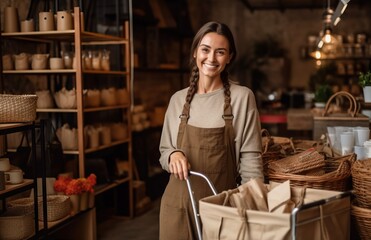 Portrait of a smiling young female staff in apron standing in warehouse