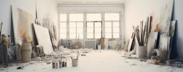 White atelier. A painter or artist atelier, craft room, with white interior. Lots of paint, paint brushes, and paint sumdges and splatters. Generative AI - obrazy, fototapety, plakaty
