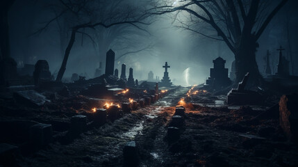 Creepy Graveyard with Fog and Ghostly Apparitions  - obrazy, fototapety, plakaty