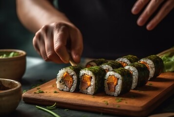 sushi rolls on a wooden board, close-up, selective focus