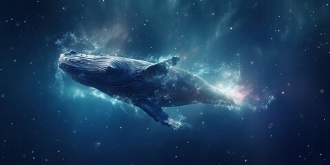 A humpback whale dives into a gaseous nebula of billions of stars.