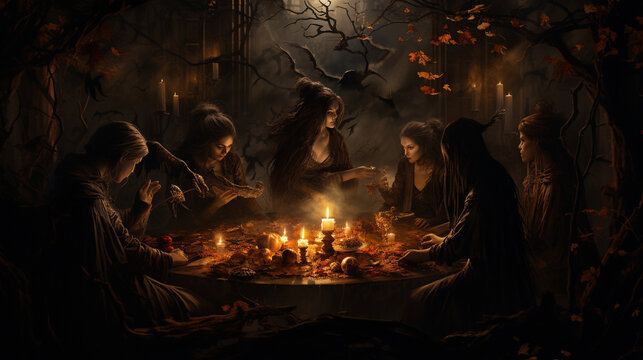 Witches' Coven Gathering in the Moonlight 