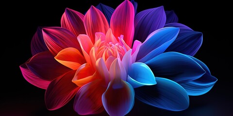 Beautiful abstract 3d colored flower, glowing flower petals on a black background.