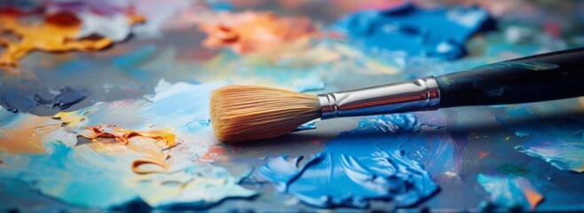 Obraz premium Mixing colors. Paint brush and oil paint or acrylic paint, on a pallette. Blue paint with depth of field. Creative concept. Generative AI