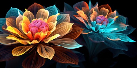Beautiful abstract 3d colored flower, glowing flower petals on a black background.