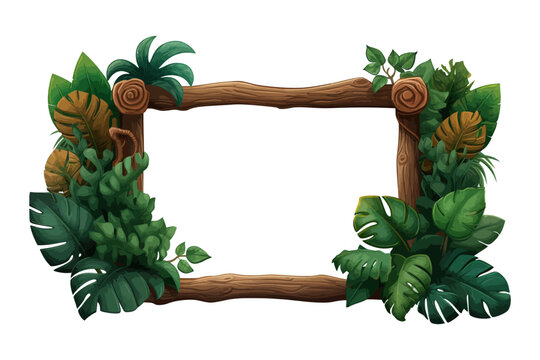 Jungle rainforest wood sign with tropical leaves with space for text. Cartoon set of wooden panels, wooden boards and direction signs with plants in forest isolated on white background