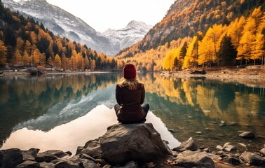 Beautiful woman in yellow sweater sitting on a rock and looking at the mountain lake. - Powered by Adobe