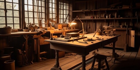 Woodworking work desk. A rustic room by the window. Crafts and wood workers room. Generative AI