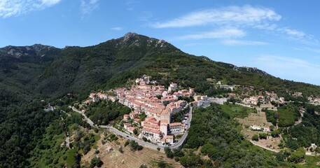 Fototapeta na wymiar Aerial view of the village of Marciana alta. Marciana, Elba island, Livorno, Italy