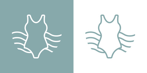 Logo vacaciones de verano. Silueta lineal de traje de baño de mujer con olas de mar © teracreonte