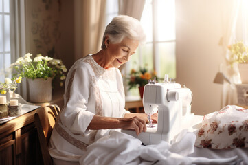 Ai generated image of mature senior woman working patchwork on sewing machine