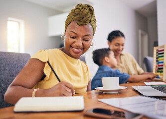 Remote work, black woman writing and child in home with happy babysitter for learning math. African...