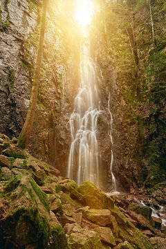 Burgbach Waterfall in coniferous forest falls over granite rocks into the valley near Bad Rippoldsau-Schapbach, Black Forest, Germany. Amazing beautiful natural waterfall called burgbachwasserfall of