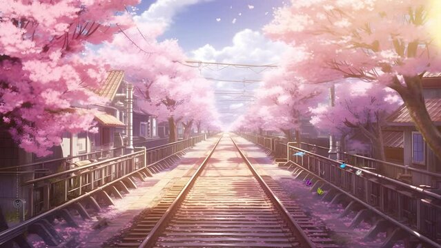 train tracks with cherry blossoms on them, in the style of anime, pink and gold,