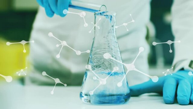 Animation of molecules over female scientist with beaker and test tube in laboratory
