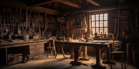 Woodworking workshop. An old shed-type wood worker or carpenter's workplace with old tools on the wall and rustic feel. Generative AI - obrazy, fototapety, plakaty