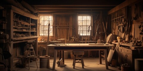 Woodworking workshop. An old shed-type wood worker or carpenter's workplace with old tools on the wall and rustic feel. Generative AI