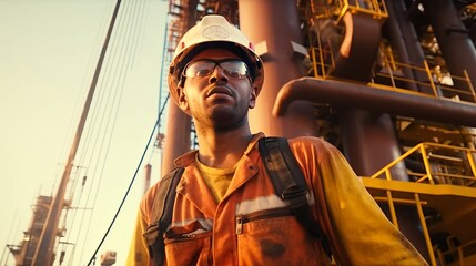 Two roughnecks working on oil rig platform drill floor UHD cinematic. Created with generative AI technology