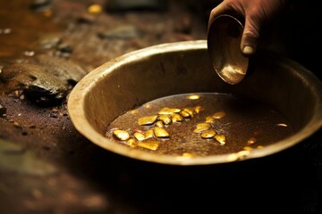 Finding gold. gold panning or digging. Gold on wash pan. Shallow depth of field, Generative AI