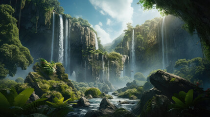 Fantasy waterfall mountains river nature