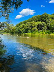 A wonderful view of the river in the Carpathians. Summer season in the mountains. Landscape with a river and mountains in the background