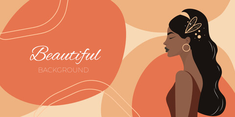 Beautiful black woman. African boho woman portrait with jewelry.  social media banner vector flat © AnChem07