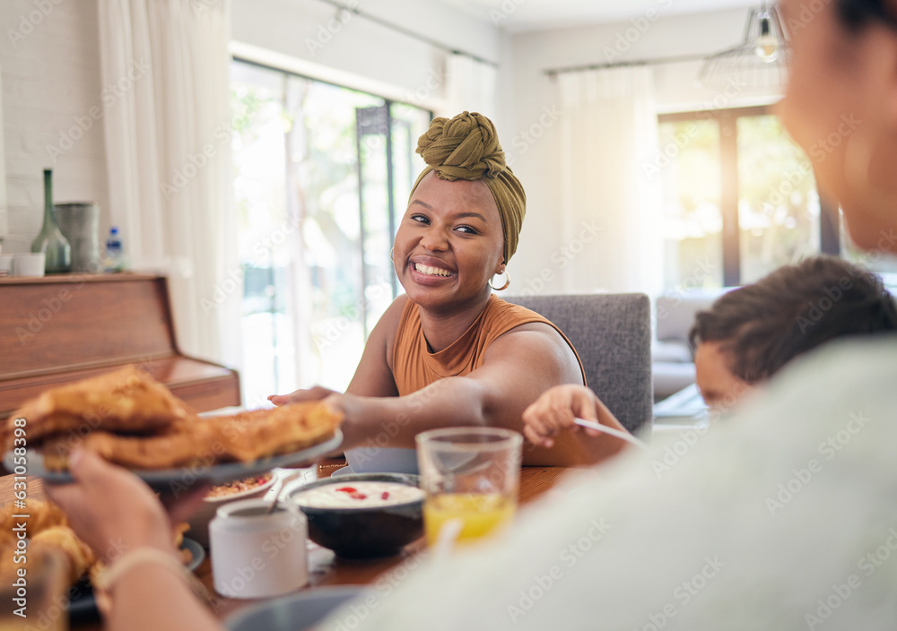 Sticker Food plate, breakfast and happy family eating, giving meal or enjoy morning time together, lunch or brunch at home. Happiness, hungry people or relax black woman, mother and parent pass snack product