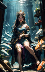 Fantasy underwater princess. Beautiful ocean queen. Queen of Atlantis beautiful girl.