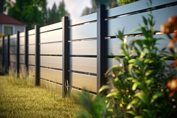 Contemporary Slat Fence with Stylish Black Metal Pipes