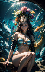 Obraz na płótnie Canvas Fantasy underwater princess. Beautiful ocean queen. Queen of Atlantis beautiful girl.