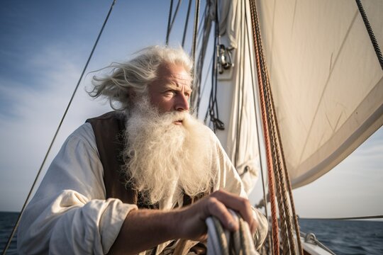 Senior man with long white beard and mustache on sailing boat at sunset