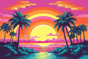 Sunset over the sea with palm trees and rainbow. illustration.