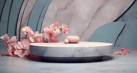 white marble product display podium with pink orchid flowers
