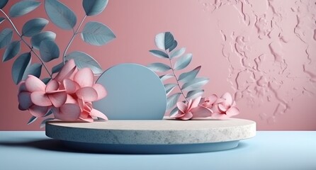 white marble product display podium with pink orchid flowers