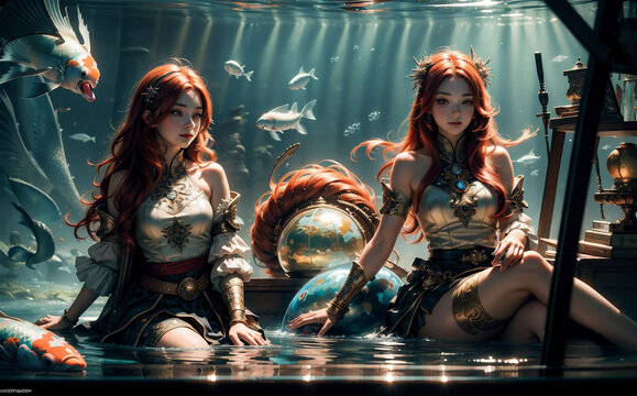 Fantasy underwater princess. Beautiful ocean queen. Queen of Atlantis beautiful girl.