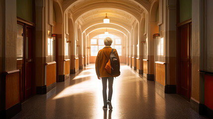 Youthful Scholar Advancing Through the School Corridor