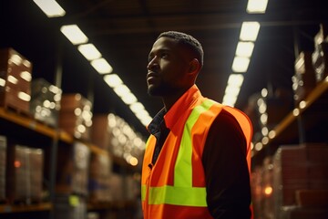 Fototapeta premium black African worker man, blurred warehouse background