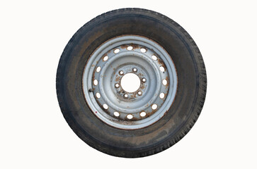 Old wheel rim and tire of car on white background