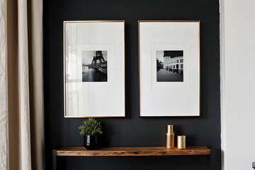 Wooden frame mockup on shelf over black wall with gold vases, blank two photo frame with copy space. Close up