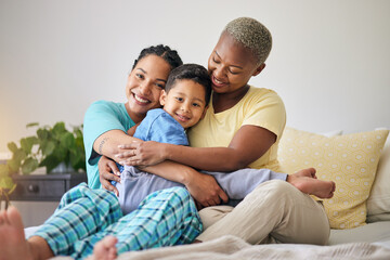 LGBT, bedroom hug and family portrait, happy child and mothers bond, relax and enjoy time together....