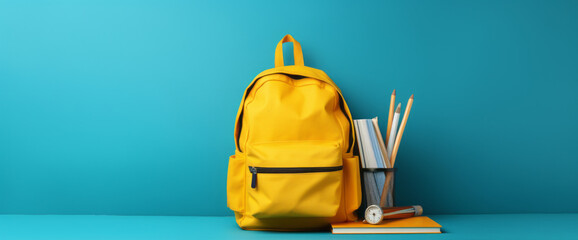 Full school backpack with books isolated on blue background with copy space. Back to School concept. Generative AI. - obrazy, fototapety, plakaty