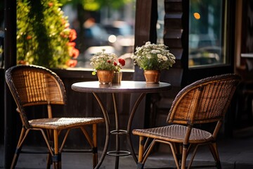 Fototapeta na wymiar Wicker chairs and a metal table in an outdoor summer cafe